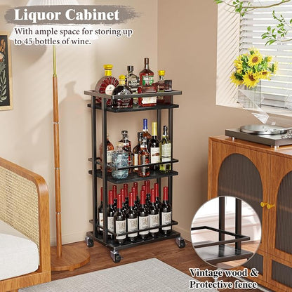 OKZEST 3-Tier Bar Cart for Home, Mini Rolling Liquor Cabinet & Serving Cart | Small alcohol coffee bar cart for party, Holds wine, liquor, beverage, glassware, shaker, coffee supplies, Rustic farmhouse