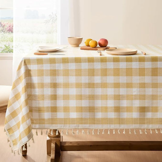 Softalker Checkered Tablecloth Rectangle, Outdoor Linen Cotton Gingham Table Cloth with Tassel, Heavy Duty Wrinkle Free Buffalo Plaid Table Cover for Kitchen Dining Summer Party - 55 x 84 Inch, Yellow