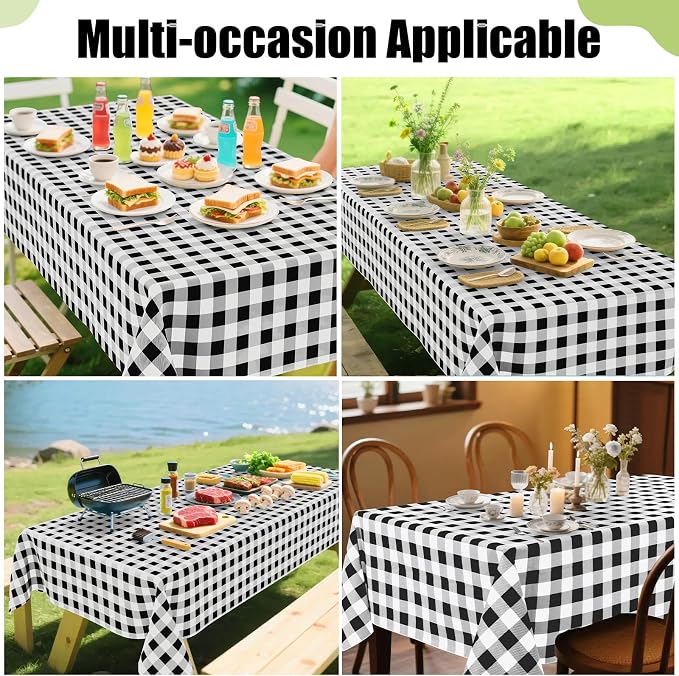 Smiry Oval Table Cloth, Vinyl Tablecloths with Flannel Backing, 60"x84" | Waterproof Picnic Table Cloth, Wipeable Buffalo Plaid Table Cover for Indoor and Outdoor (Black & White)