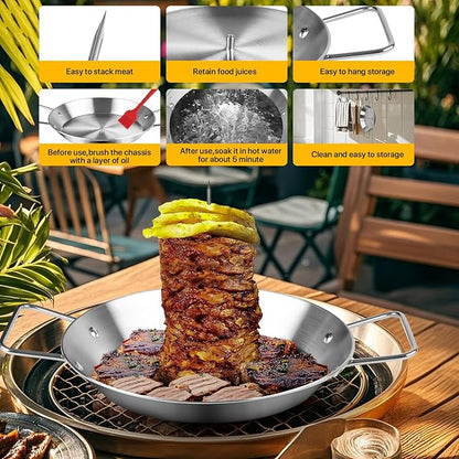 Gyro Pan with Skewer for Oven, Stainless Steel Vertical Skewer Pan for Trompo Al Pastor Tacos, Shawarma Kebab Rotisserie Grill with 5 Adjustable Spikes & Brush, BBQ Smoker Accessories
