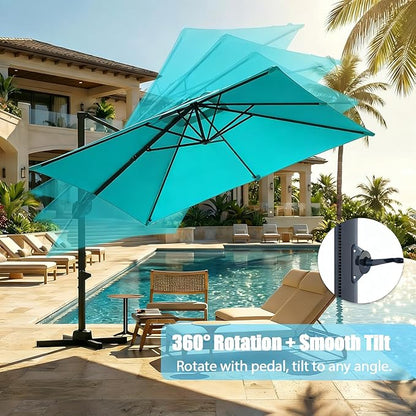 GarveeLife Large Cantilever Patio Umbrella, 10 ft X 10 ft Heavy Duty Aluminum Cantilever Offset Outdoor Umbrella with 360-Degree Rotation for Backyard, Deck, Pool (Turquoise Blue)