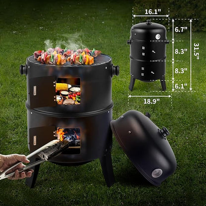 Vertical Steel Charcoal Smoker, Round BBQ Grill Vertical Charcoal BBQ Smoker, 3-in-1 Portable Outdoor Grill Cooker with Built-in Thermometer for Outdoor Cooking Backyard Grilling Camping Picnic