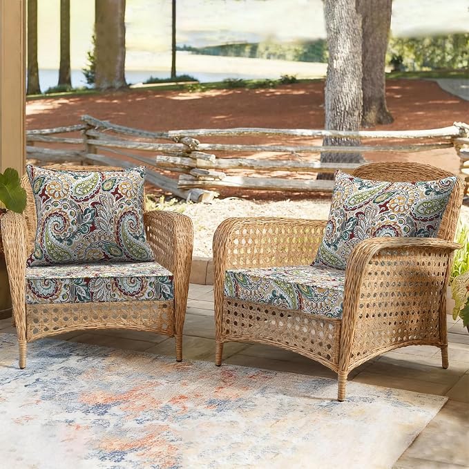 DYTXIII Outdoor Deep Seat Cushion Set, Water Repellent 24"x24" Patio Thick Cushions Replacement with Seat & Back Pillow for Patio Sofa, Wicker Chair, Couch - Paisley Chilli