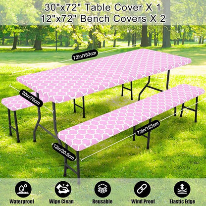 Smiry Picnic Table Cover with Bench Covers, Waterproof Elastic Fitted Tablecloth for 6 Foot Tables, Washable Polyester Tablecloths for Camping, Indoor & Outdoor (Pink, 30x72 Inch 3-pc Set)