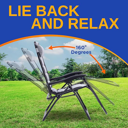 SereneLife Padded Zero Gravity Lounge Chair - Reclining Patio Chairs - Outdoor Lounge Chairs with Detachable Cup Holder Tray - Folding Recliner Chair with Removable Pillows - 1, Gray and Black