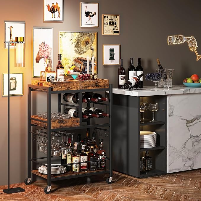 TUTOTAK Bar Cart with Wheels, Drink Cart with Wine Rack and Glass Holder | 3-Tier 24.8 Inch Wide Home Bar Serving Carts, Small Mobile Kitchen Shelf with 6 Hooks, Rustic Brown BC01BB037