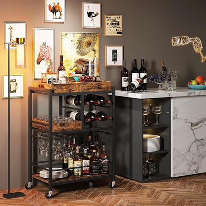 TUTOTAK Bar Cart with Wheels, Drink Cart with Wine Rack and Glass Holder | 3-Tier 24.8 Inch Wide Home Bar Serving Carts, Small Mobile Kitchen Shelf with 6 Hooks, Rustic Brown BC01BB037