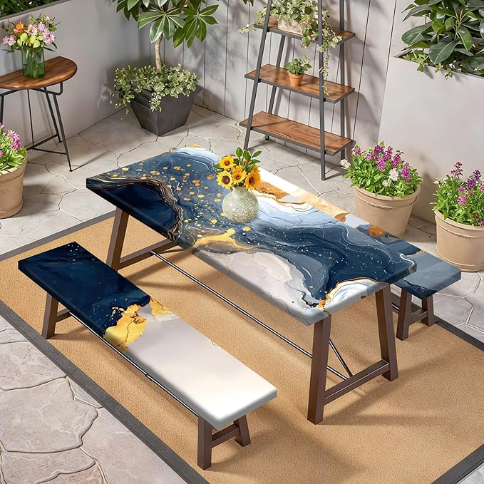 Marble Picnic Table Cover with Table Cover, Outdoor Picnic Table Elastic Tablecloth, Blue and Gold Abstract Design, Camping, Barbecue and Terrace Dining Tablecloth