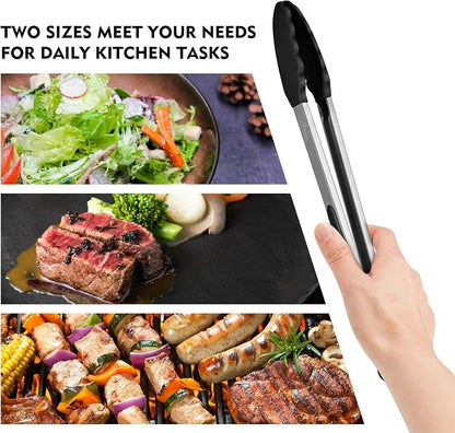 HOTEC Premium Stainless Steel Locking Kitchen Tongs with Silicon Tips, Set of 2-9" and 12"