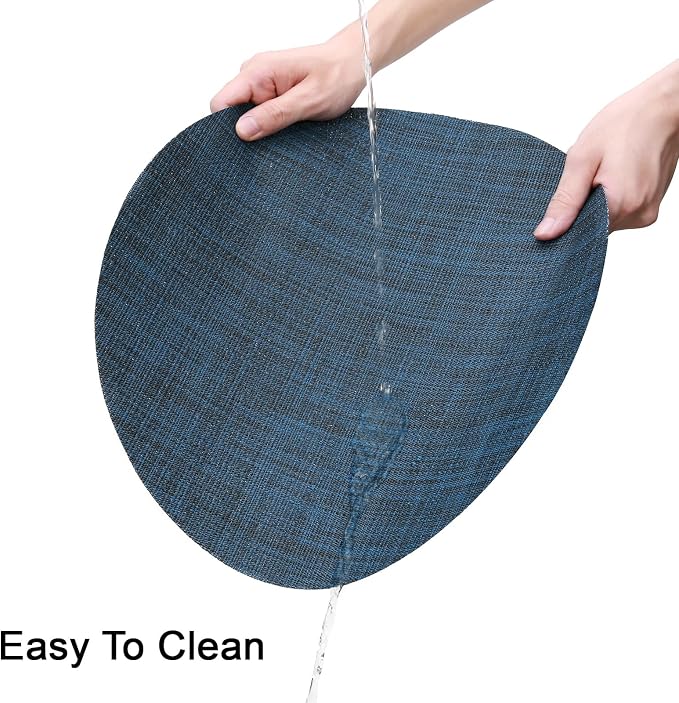 15 Inch Round Placemats Set of 6, Washable Vinyl Woven Place Mats | Heat Resistant Non-Slip Braided Table Mats for Dining Table Kitchen Indoor & Outdoor Use (Dark Blue, Set of 6)