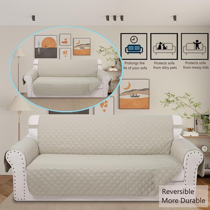 Reversible 4 Seater Sofa Cover 91" Large, Sofa, Beige/Beige | Couch Cover Furniture Protector with Foam Sticks Elastic Straps Furniture Protector for Pets Children Dog Cat
