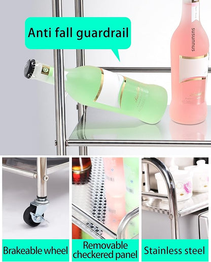 susunnus Stainless Steel Cart,Movable,5 Tier,for Kitchen,Living Room | with Brakeable Wheels,Removable checkered panel,for Bathroom,Dining Room,Stainless Steel Kitchen Cart,Utility Cart,Metal Cart