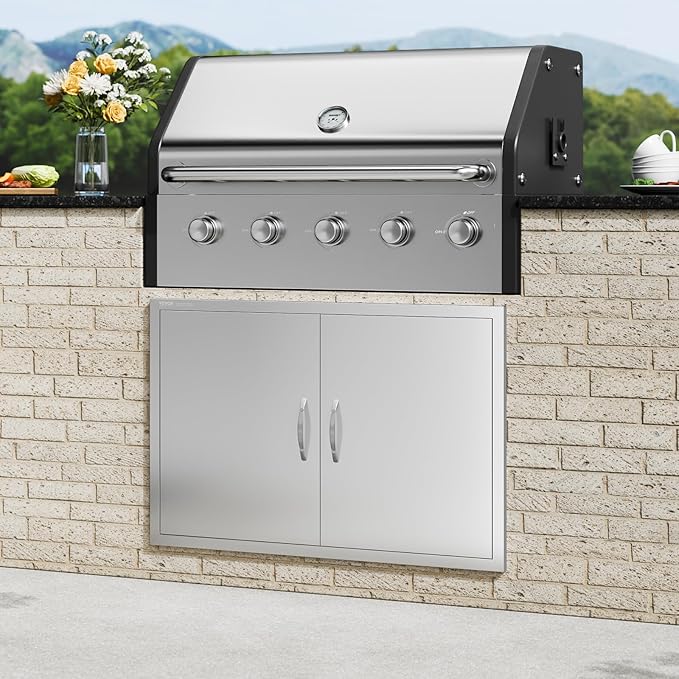 VEVOR BBQ Access Door, 39W x 26H Inch Double Outdoor Kitchen, Stainless Steel Flush Mount, Wall Vertical with Handles and Hooks, for BBQ Island, Grilling Station, Outside Cabinet