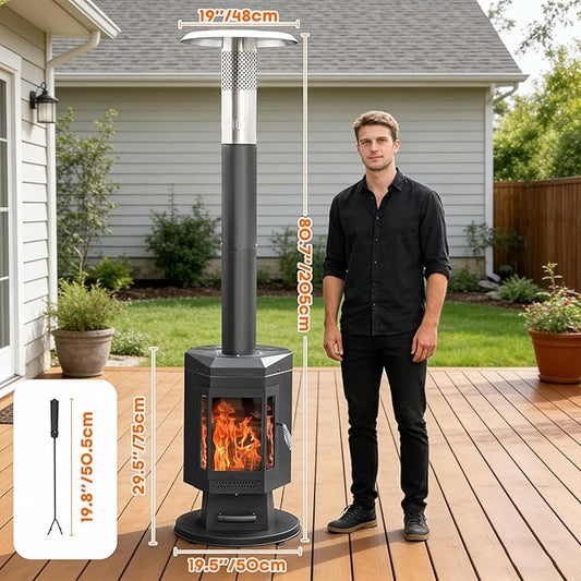 80" Premium Wood Pellet Patio Heater with Glass Window, Portable Pellet Heater with Wheel, Modern Fire Pit for Patio Backyard Garden Villa Outdoor Restaurant, 70,000BTU, FP058