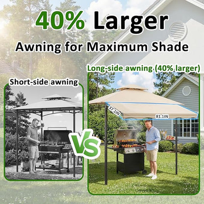 CHARMELEON 8x8 FT Grill Gazebo, Grill Canopy with Big Awning&2 Side Shelves&6 Hooks&Bottle Opener, Powder-Coated Steel BBQ Shelter for Patio Backyard Outdoor Grilling-Beige