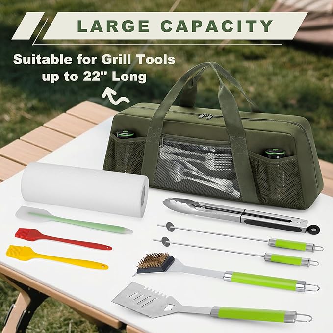 HODRANT Grill Tool Storage Bag with Pockets for Barbecue Tool up to 22" | Outdoor BBQ Utensil Holder, Large Grill Utensil Storage Caddy, BBQ Accessories Case Container for Camping, Bag Only, Green