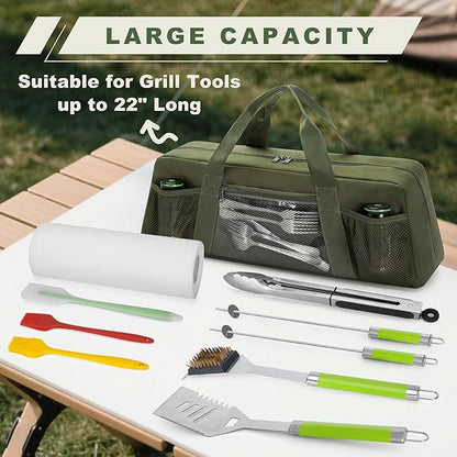 HODRANT Grill Tool Storage Bag with Pockets for Barbecue Tool up to 22" | Outdoor BBQ Utensil Holder, Large Grill Utensil Storage Caddy, BBQ Accessories Case Container for Camping, Bag Only, Green