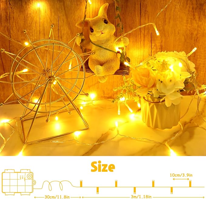 cshare String Lights Outdoor Waterproof 9.8ft 30 LED, Warm White Fairy Lights Battery Operated with Timer Clear Wire for Indoor & Outdoor Decorations Garland Party Garden
