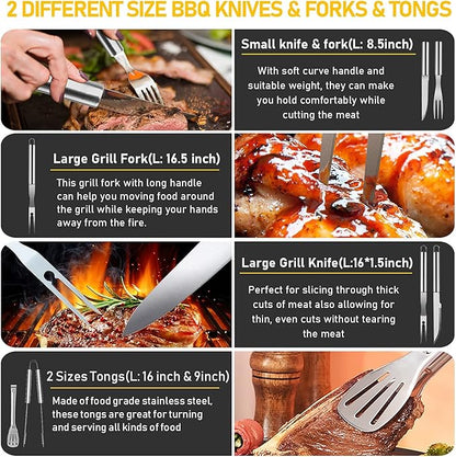 34Pcs Grill Accessories Grilling Gifts for Men, 16 Inches Heavy Duty BBQ Accessories, Stainless Steel BBQ Tools with Thermometer, Grill Mats for Backyard, BBQ Set for Men Women
