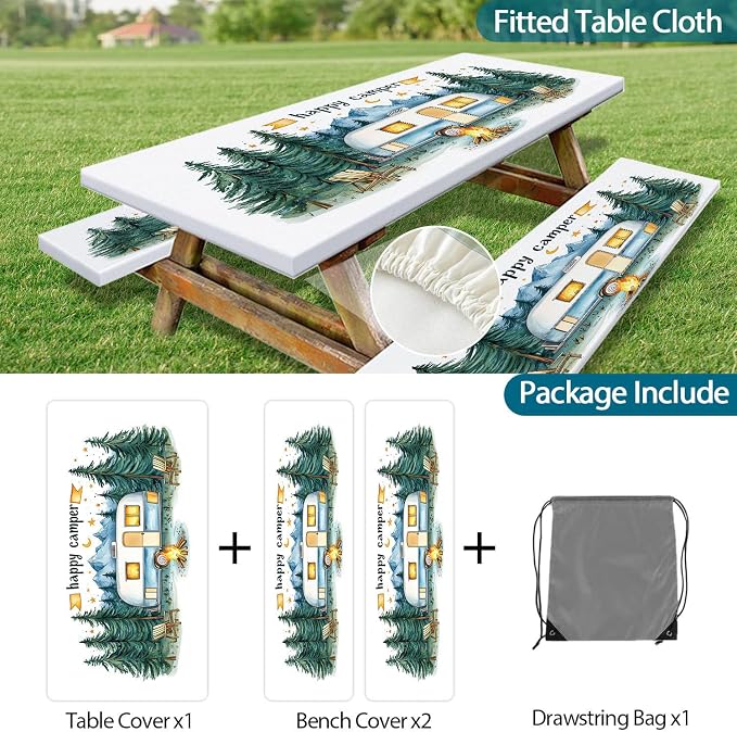 Picnic Table Cover with Bench Covers Elastic Edges, Happy Camper Fitted Table Cover, Outdoor Patio Camping Essentials 3PCS, Waterproof Camping Fitted Tablecloth with Drawstring Bag 60in White