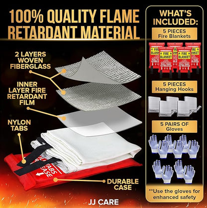 JJ CARE Fire Blanket – 5 Packs with Hooks and Gloves – 40" x 40" Emergency Fire Blanket for Home & Kitchen, High Heat Resistant Fire Suppression Blankets for Home Safety, Kitchen, and Camping