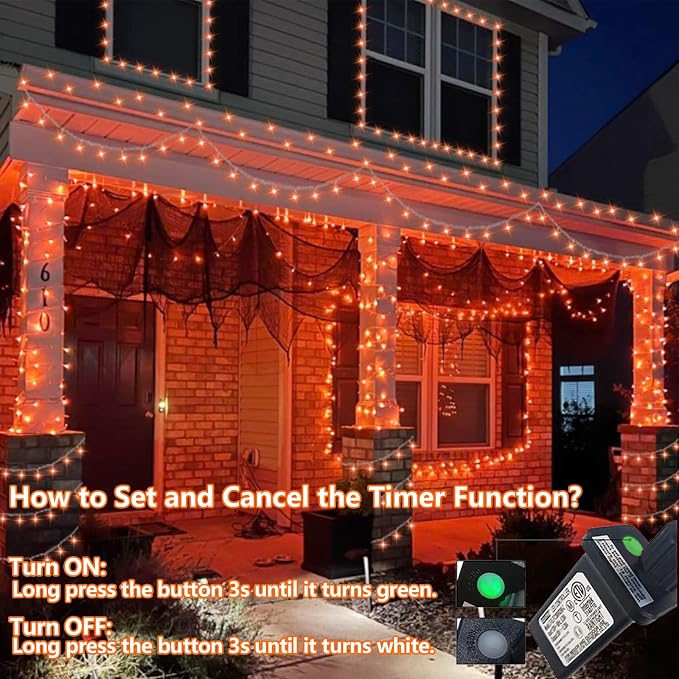 YEGUO 165ft 500 LED Orange Halloween String Lights, Clear Wire Christmas String Lights Indoor, 8 Modes Twinkle Tree Lights Plug in with Timer Memory.