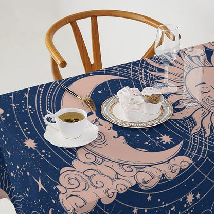 Moon Sun Tablecloth Vintage Boho Celestial Star Magical Galaxy Space Table Cloth Water Resistant Wipeable Table Cover for Farmhouse Picnic Party Holiday Kitchen Dinner Table 60"x90"