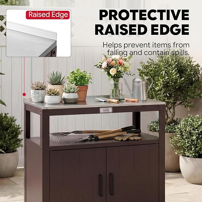 Feasto Metal Outdoor Potting Bench with Storage Cabinet for Garden Work | Durable Metal Cabinet & Stainless Steel Top, Open Middle Shelf, Raised Edge & Adjustable Feet, for Patio, Lawn & Greenhouse