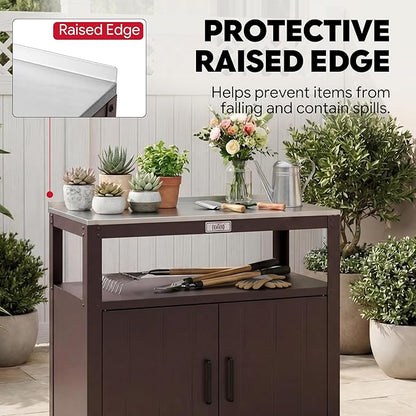 Feasto Metal Outdoor Potting Bench with Storage Cabinet for Garden Work | Durable Metal Cabinet & Stainless Steel Top, Open Middle Shelf, Raised Edge & Adjustable Feet, for Patio, Lawn & Greenhouse