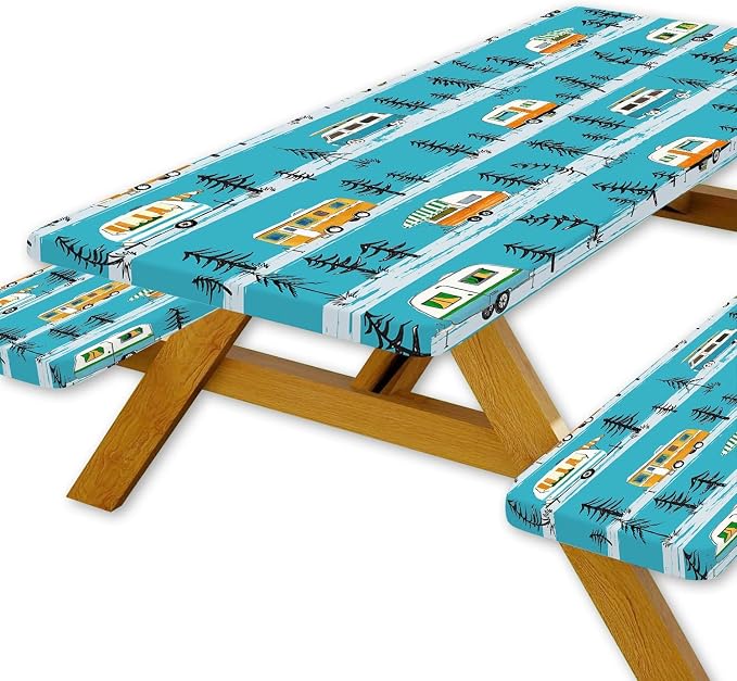 JAWO Picnic Table Cover with Bench Covers, Camper Camping RV Essentials Gear Supplies Outdoor Waterproof Windproof Tablecloth with Elastic, 96in