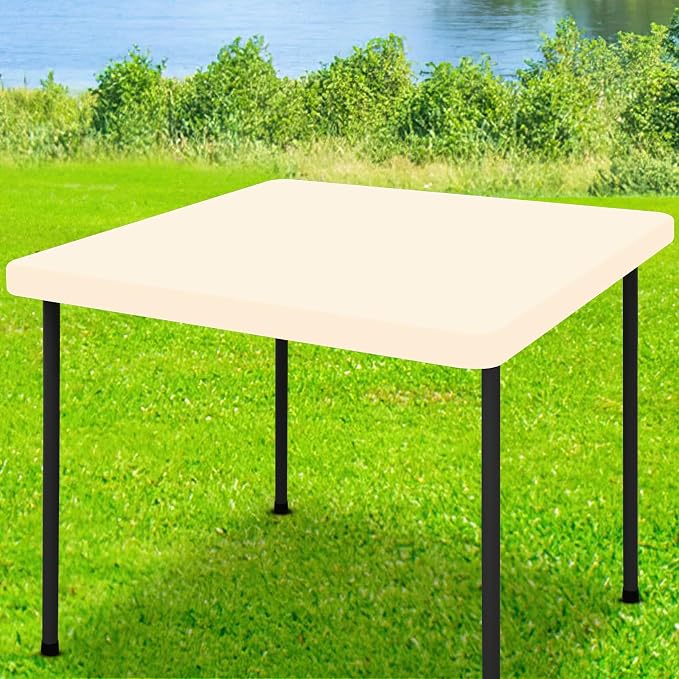 Moosfor Spandex Square Table Cloth, Elastic Fitted Tablecloths for Picnic, Stretch Washable Patio Table Cover for Outdoor, Camping, Banquet and Parties (Champagne, 34"x34")