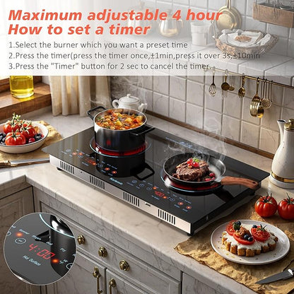 2 Burner Electric Cooktop 110v, 24 Inch Electric Stove Countertop & Built-in, Plug-in Electrics Cooktop, 8 Power Levels & 8 Functions, Touch Control, Safety Lock, Timer, 2000W, Blue