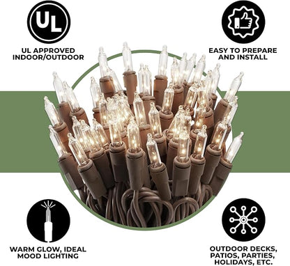 612 Vermont 50 Clear Incandescent Christmas String Lights Brown Wire Cord | UL Approved Indoor Outdoor Use, 10' Lighted Length, 11' Total Length, Mini Lights, Connect Up To 10 Sets End To End