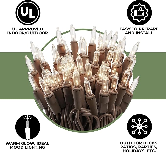 612 Vermont 100 Clear Incandescent Christmas String Lights Brown Wire Cord | UL Approved Indoor Outdoor Use, 18' Lighted Length, 20' Total Length, Mini Lights, Connect Up To 5 Sets End To End