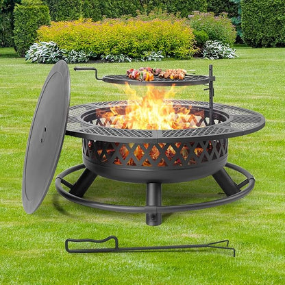 Panovue 42 Inch Outdoor Fire Pit with Grill, Large Firepit Table for Outside, Metal Round Firepits with Lid&Fire Poker,3 in 1 Wood Burning Fire Pits & Outdoor Fireplaces for Backyard,Patio(42'' Black)