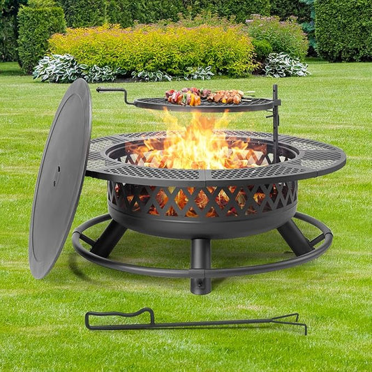 Panovue 42 Inch Outdoor Fire Pit with Grill, Large Firepit Table for Outside, Metal Round Firepits with Lid&Fire Poker,3 in 1 Wood Burning Fire Pits & Outdoor Fireplaces for Backyard,Patio(42'' Black)