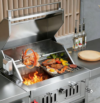 Large Built In Grill, Charcoal BBQ Grills with Liftable Tray, Visible Insulated Hood & Temp Gauge, Heavy-Duty Stainless Steel Barbecue Grill for Outdoor Kitchen Cooking Family Parties