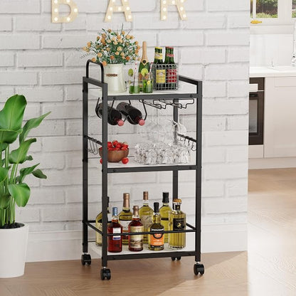 Bar Cart for The Home, 3 Tier Kitchen Carts with Wheels, Small Rolling Cart with Glass Holders, Wine Rack, Mini Bar Cart for Kitchen, Dining room, Living Room, 13.0"D x 17.0"W x 33.8"H, Marble White
