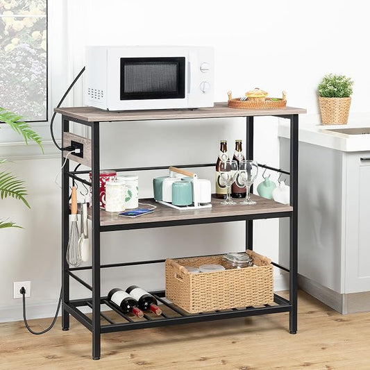 HOOBRO Kitchen Island with Storage, Kitchen Island Table with Power Outlet, 3 Tier Coffee Station and Microwave Stand, for Home, Dining Room, Greige and Black BG021ZD01