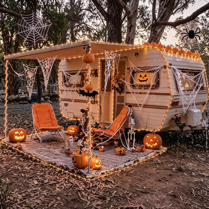 YEGUO Solar Halloween Lights Outdoor Waterproof, 66ft 200 LED Orange Solar Rope Lights, 8 Modes Fairy Lights in Clear Thin Tube