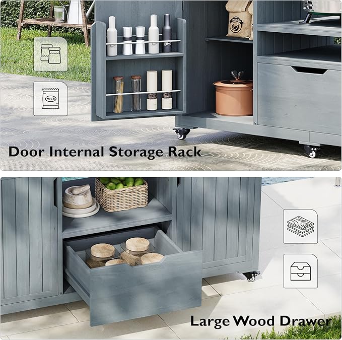 LUMISOL Outdoor Grill Cart for Big Green Egg Grills, 66.5" Solid Wood Outdoor Kitchen Island with Stainless Steel Top, Rolling Kitchen Cart with Internal Storage Rack, Spice & Towel Rack, Grey Blue