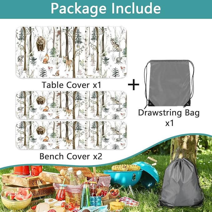JAWO Picnic Table Cover with Bench Covers, Rustic Forest Cabin Camper Fitted Table Cover, Outdoor Patio Camping Essentials, Waterproof Camping Fitted Tablecloth with Drawstring Bag 30X72inch