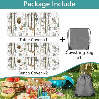 JAWO Picnic Table Cover with Bench Covers, Rustic Forest Cabin Camper Fitted Table Cover, Outdoor Patio Camping Essentials, Waterproof Camping Fitted Tablecloth with Drawstring Bag 30X96inch