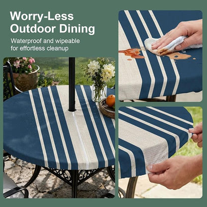 Outdoor Fitted Tablecloth with Umbrella Hole and Zipper, Navy Blue Beige Striped Elastic Round Patio Table Cover, Farmhouse Retro Lines Modern Table Protector for Backyard BBQ Party 31''-35''