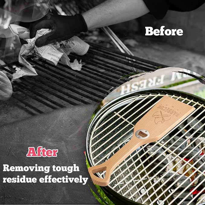 Wood Grill Scraper with Bottle Opener, 15.75" Heavy-Duty Wooden Grill Scraper for Outdoor Grill - One-Piece Solid Beech Wood, Bristle-Free - Natural Wood Grill Grate Brush Cleaner for BBQ