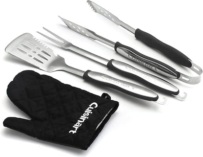Cuisinart 3‑Piece Stainless Steel BBQ Grilling Tool Set with Grill Glove – Outdoor Grill Accessories, Perfect Grilling Gift for Men, Dads & Grill Masters, CGS-134BL