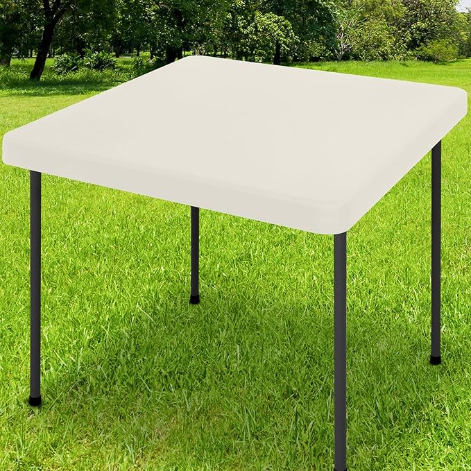 Smiry Rectangle Tablecloth, Elastic Fitted Flannel Backed Vinyl Tablecloths for 3ft Folding Tables, Waterproof Wipeable Table Covers for Indoor, Outdoor, Camping and Picnic (Beige, 34"x34")