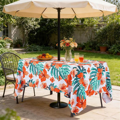 SquarePie Rectangle Outdoor Tablecloth with Umbrella Hole 60x84 inch,Water Resistant SpillProof Patio Zippered Table Cloth for Spring Summer Camping Garden Poolside Picnic BBQS,Palm Leaf Orange Flower