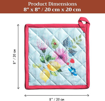 Maison d' Hermine Pot Holders 100% Cotton Heat Resistant Potholders 8" x 8" Hot Pads with Loop BBQ Baking Hotel Farmhouse Kitchen Handling Hot Pans Spring Summer (Pack of 1, Jardin D'Ete - Mint)
