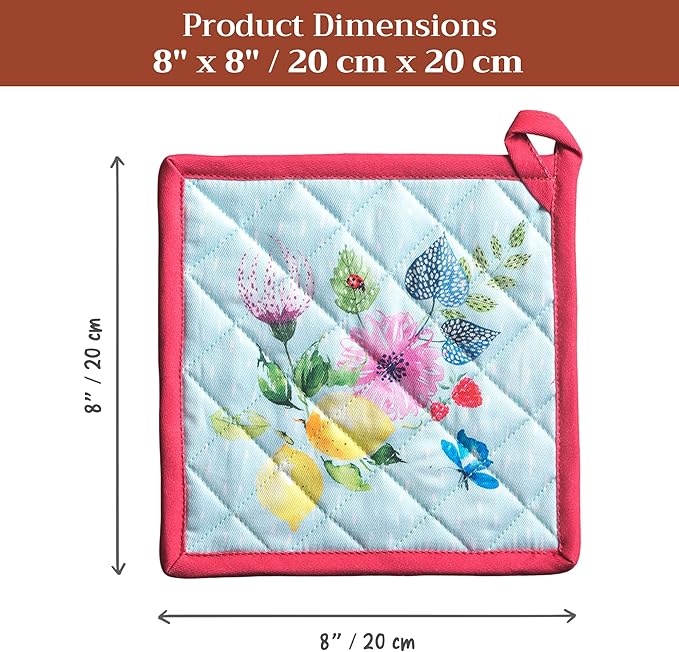 Maison d' Hermine Pot Holders 100% Cotton Heat Resistant Potholders 8" x 8" Hot Pads with Loop BBQ Cooking Hotel Farmhouse Kitchen Handling Hot Pans Spring Summer (Pack of 2, Jardin D'Ete - Mint)